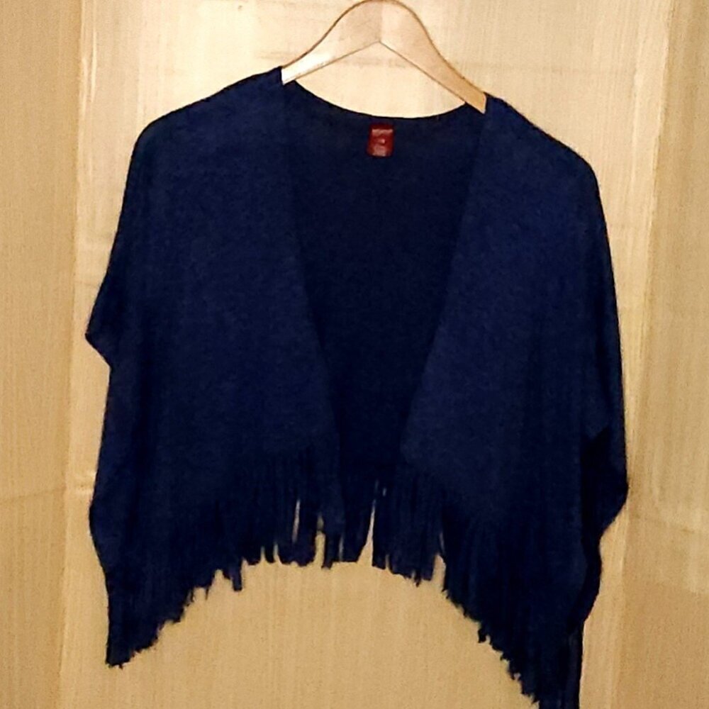 Arizona Girls Blue Stretchy Knit Fringe Boho Open Front Top Small